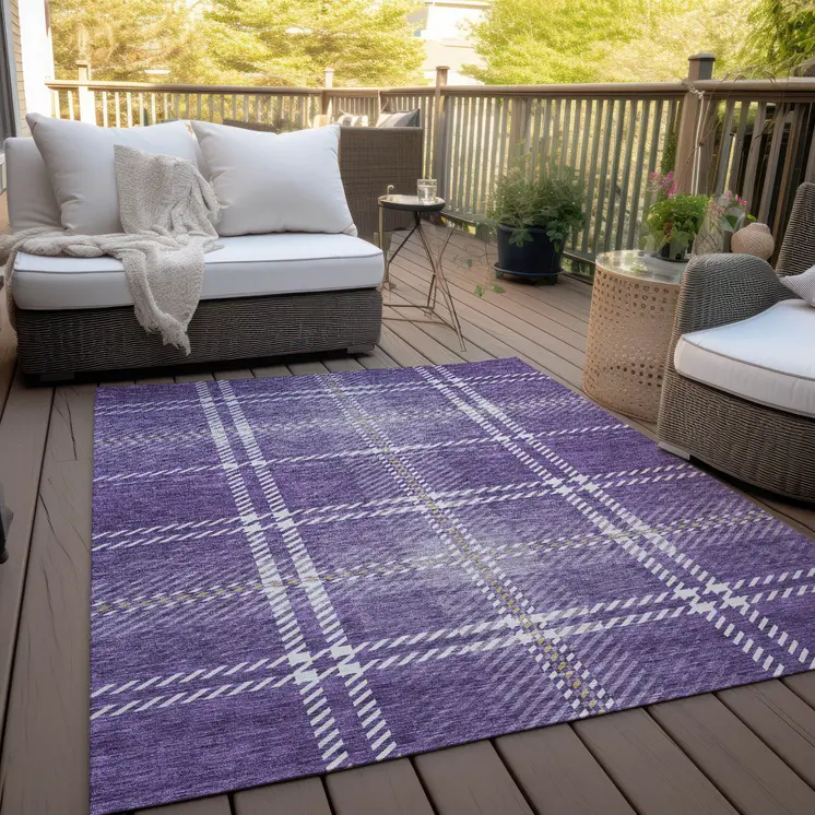 10' X 14' Purple Gold And Ivory Plaid Washable Indoor Outdoor Area Rug