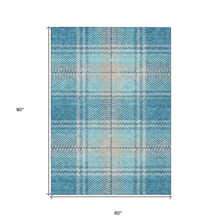 5' X 8' Teal Blue Gray And Brown Plaid Washable Indoor Outdoor Area Rug