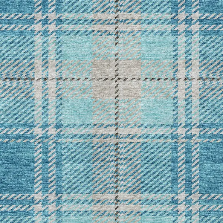 5' X 8' Teal Blue Gray And Brown Plaid Washable Indoor Outdoor Area Rug
