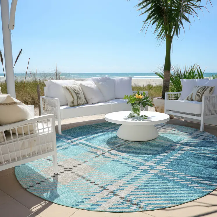 8' Teal Blue Gray And Brown Round Plaid Washable Indoor Outdoor Area Rug