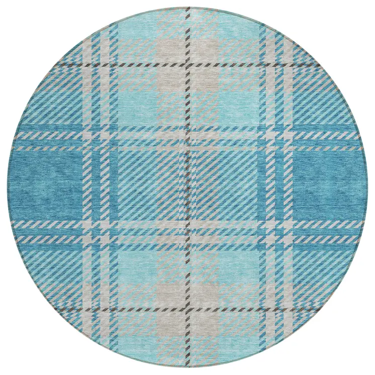 8' Teal Blue Gray And Brown Round Plaid Washable Indoor Outdoor Area Rug