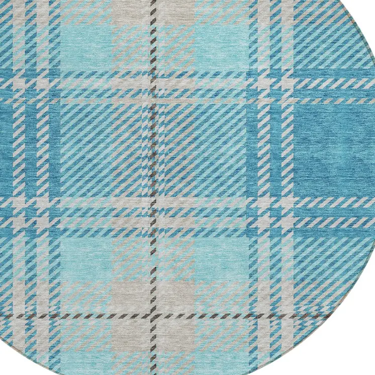 8' Teal Blue Gray And Brown Round Plaid Washable Indoor Outdoor Area Rug