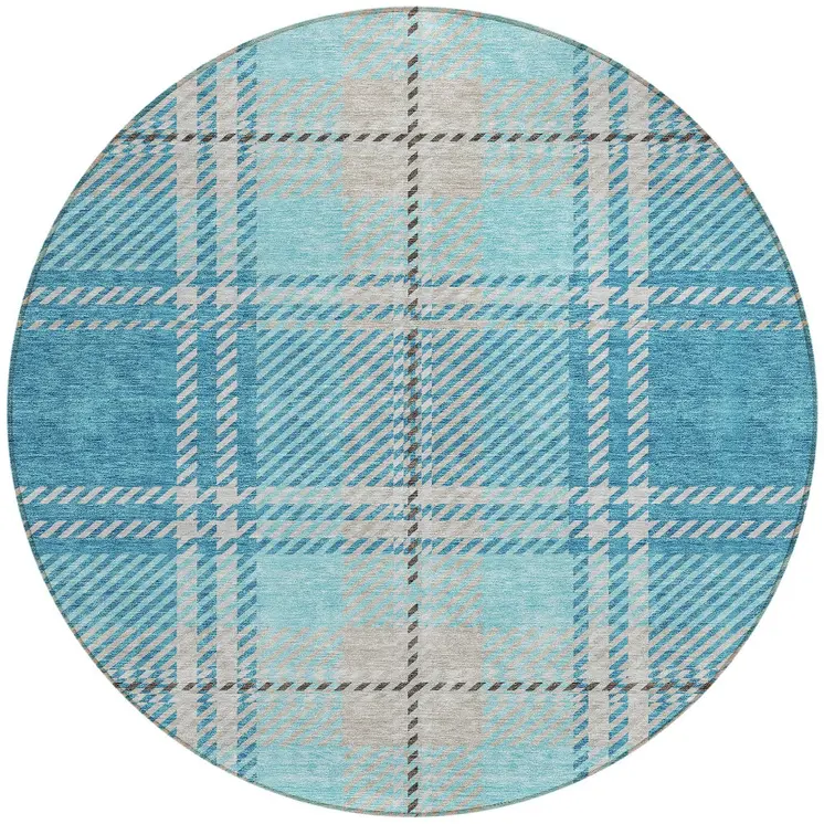 8' Teal Blue Gray And Brown Round Plaid Washable Indoor Outdoor Area Rug