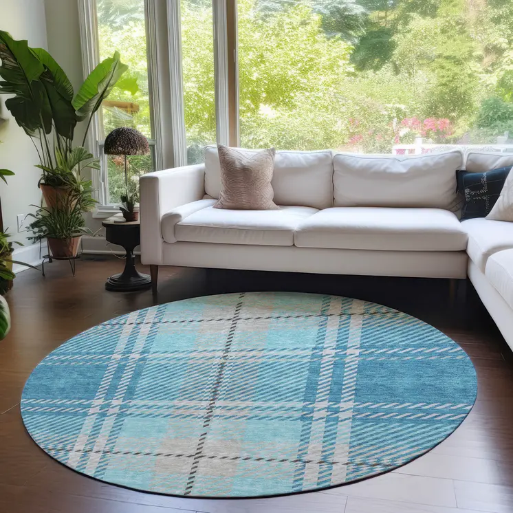 8' Teal Blue Gray And Brown Round Plaid Washable Indoor Outdoor Area Rug