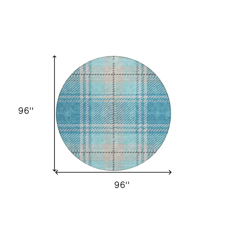 8' Teal Blue Gray And Brown Round Plaid Washable Indoor Outdoor Area Rug