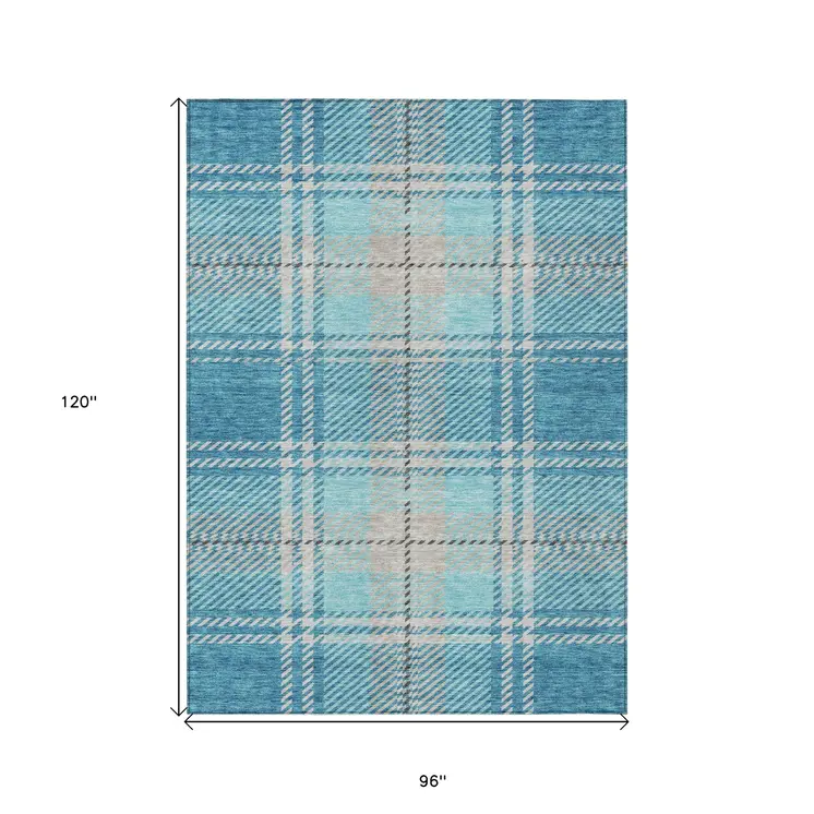 8' X 10' Teal Blue Gray And Brown Plaid Washable Indoor Outdoor Area Rug
