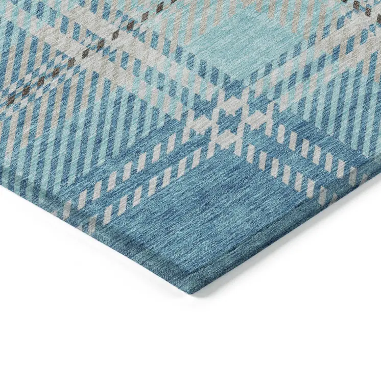 8' X 10' Teal Blue Gray And Brown Plaid Washable Indoor Outdoor Area Rug