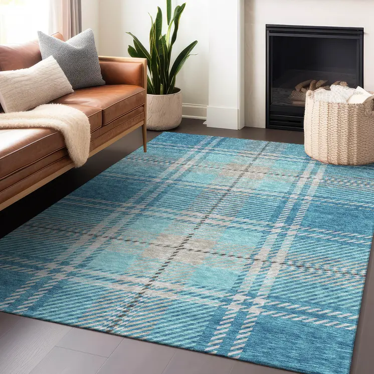 8' X 10' Teal Blue Gray And Brown Plaid Washable Indoor Outdoor Area Rug