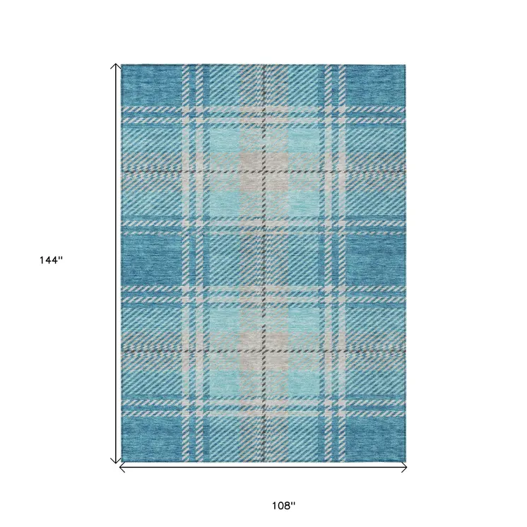 9' X 12' Teal Blue Gray And Brown Plaid Washable Indoor Outdoor Area Rug