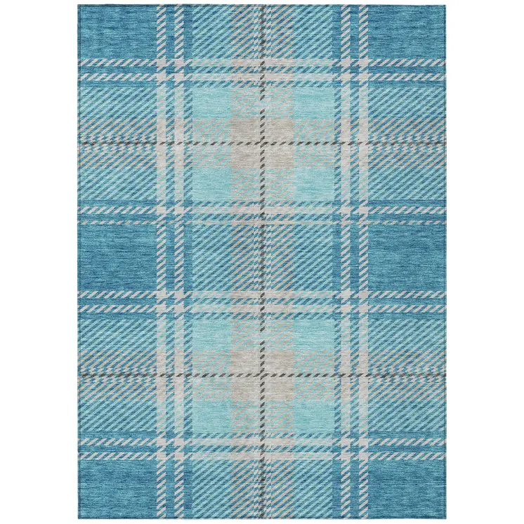 9' X 12' Teal Blue Gray And Brown Plaid Washable Indoor Outdoor Area Rug