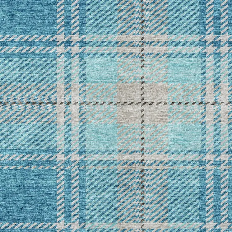 9' X 12' Teal Blue Gray And Brown Plaid Washable Indoor Outdoor Area Rug