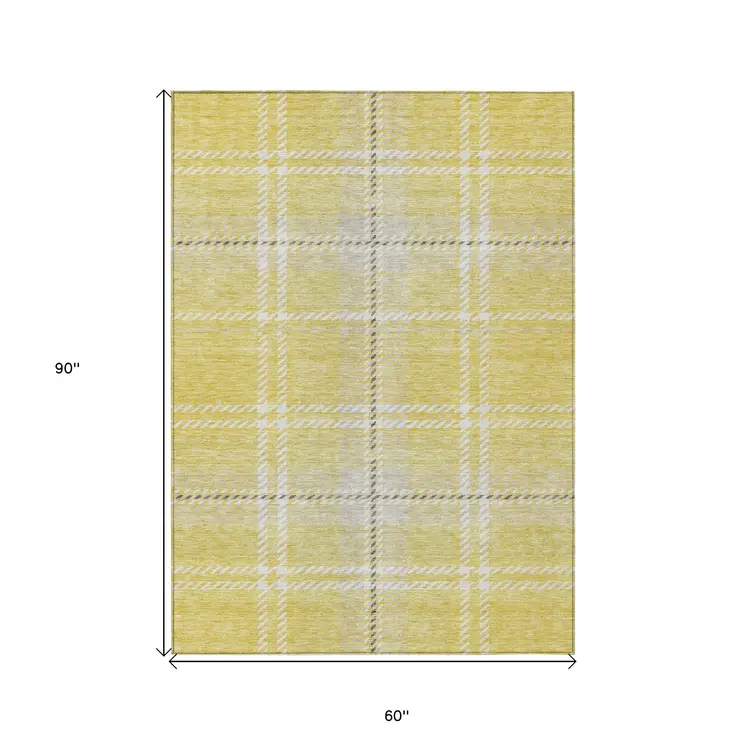 5' X 8' Yellow Black And Ivory Plaid Washable Indoor Outdoor Area Rug
