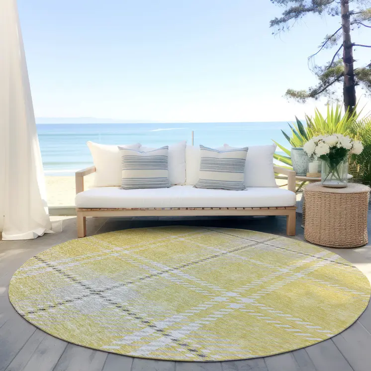 8' Yellow Black And Ivory Round Plaid Washable Indoor Outdoor Area Rug