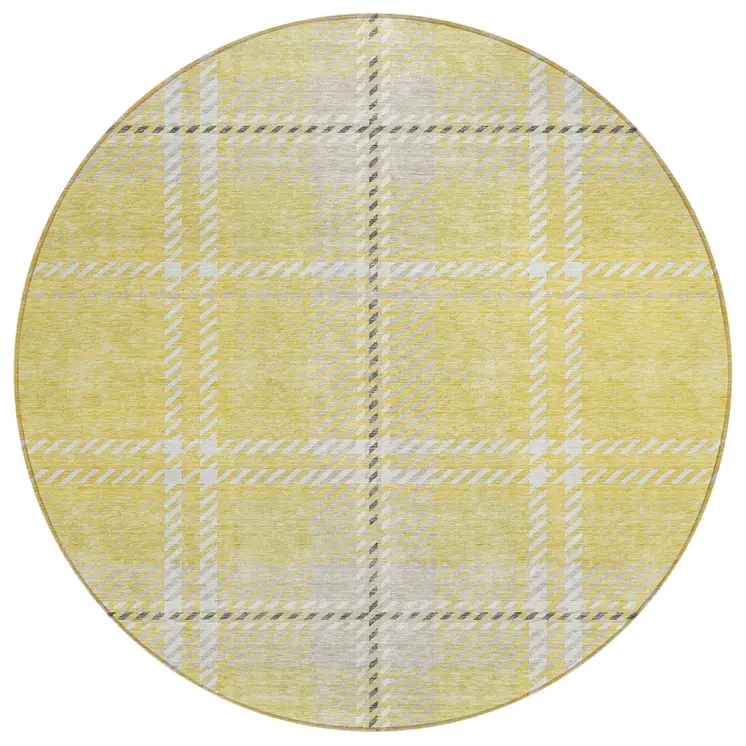 8' Yellow Black And Ivory Round Plaid Washable Indoor Outdoor Area Rug