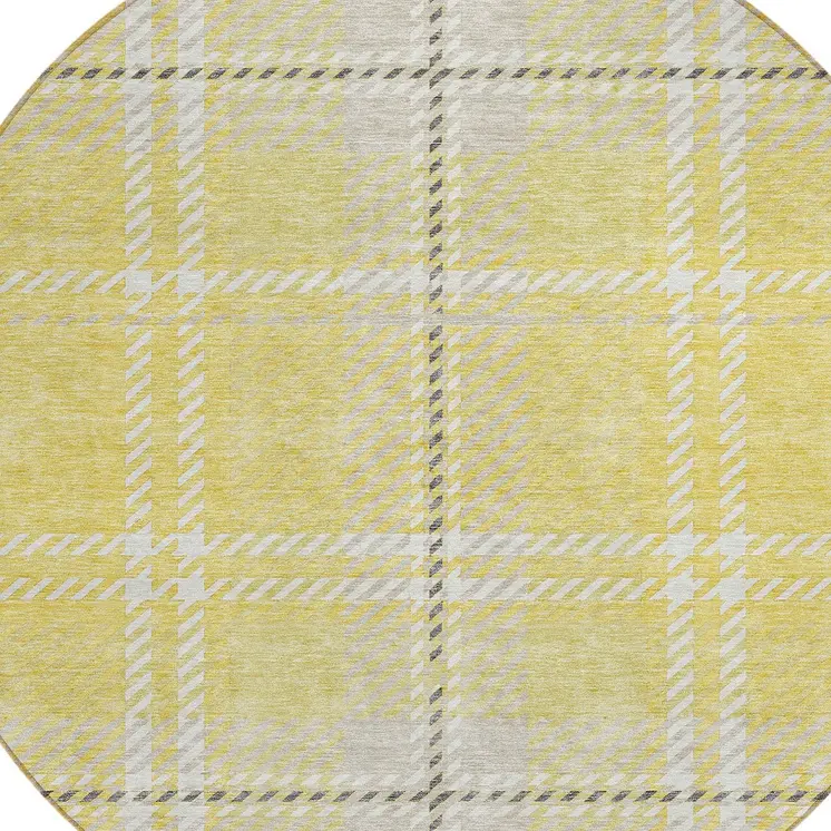 8' Yellow Black And Ivory Round Plaid Washable Indoor Outdoor Area Rug