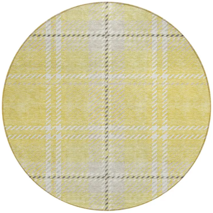 8' Yellow Black And Ivory Round Plaid Washable Indoor Outdoor Area Rug