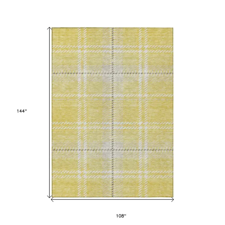 9' X 12' Yellow Black And Ivory Plaid Washable Indoor Outdoor Area Rug
