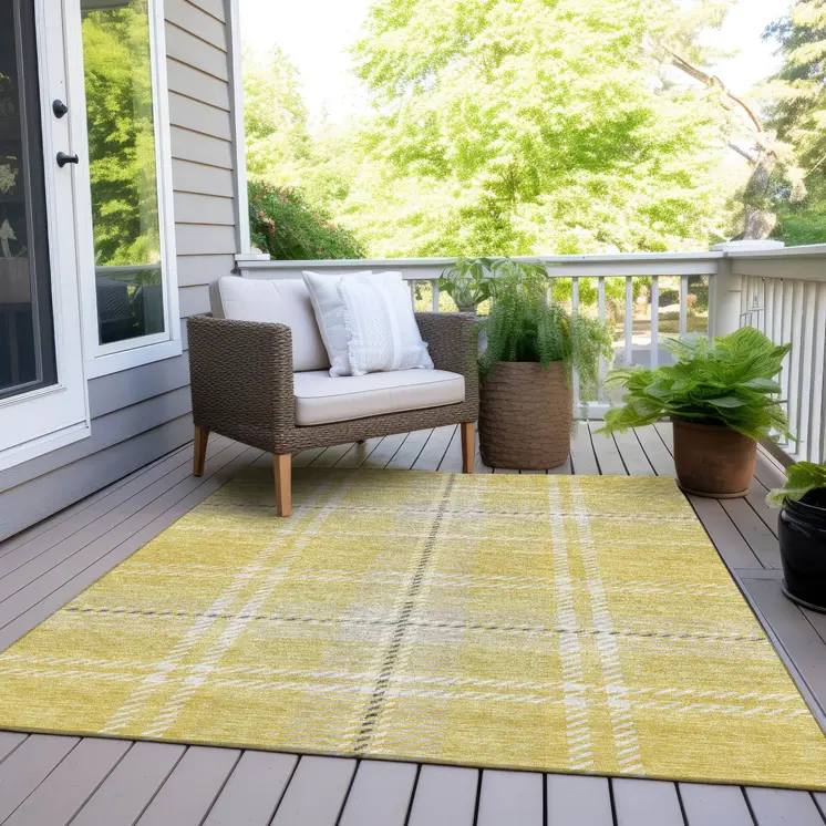 9' X 12' Yellow Black And Ivory Plaid Washable Indoor Outdoor Area Rug