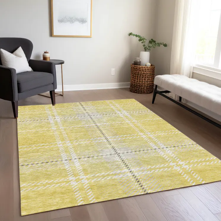 9' X 12' Yellow Black And Ivory Plaid Washable Indoor Outdoor Area Rug
