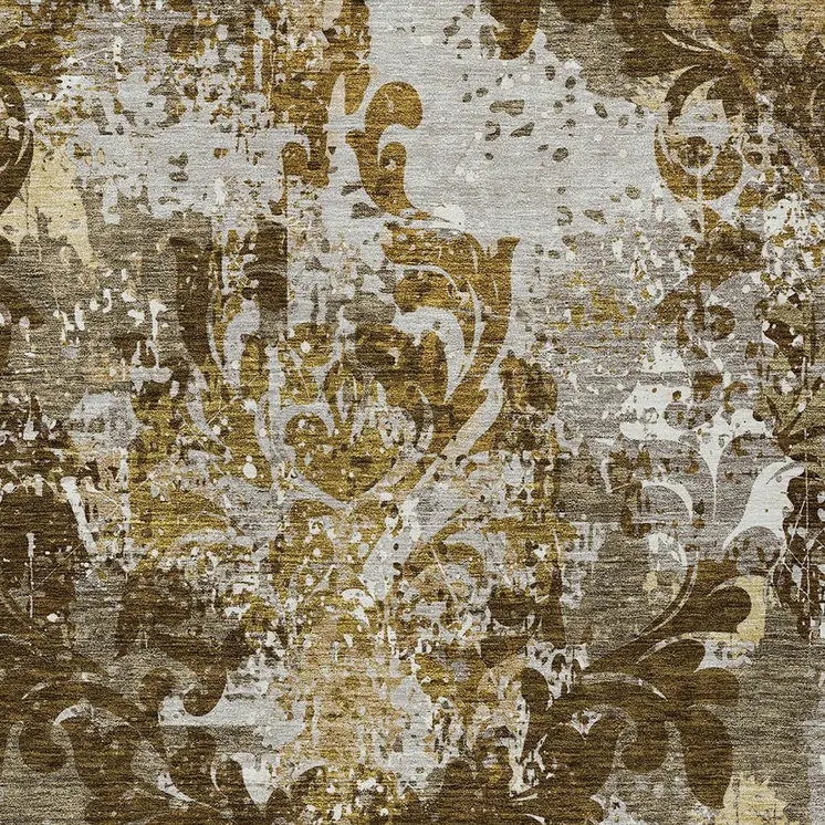 3' X 5' Brown Green And Ivory Damask Washable Indoor Outdoor Area Rug