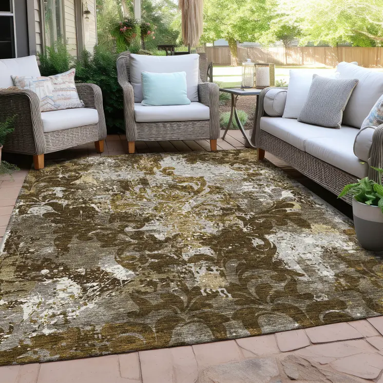 5' X 8' Brown Green And Ivory Damask Washable Indoor Outdoor Area Rug