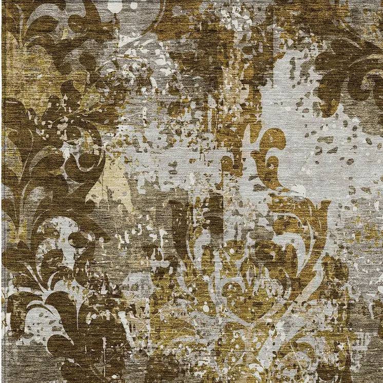 5' X 8' Brown Green And Ivory Damask Washable Indoor Outdoor Area Rug