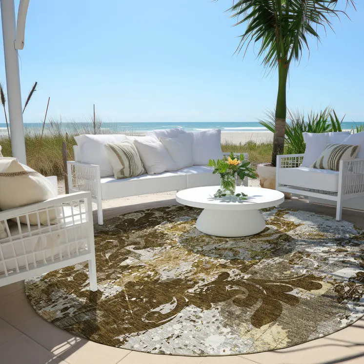 8' Brown Green And Ivory Round Damask Washable Indoor Outdoor Area Rug