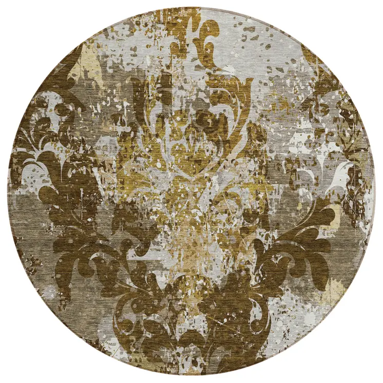 8' Brown Green And Ivory Round Damask Washable Indoor Outdoor Area Rug