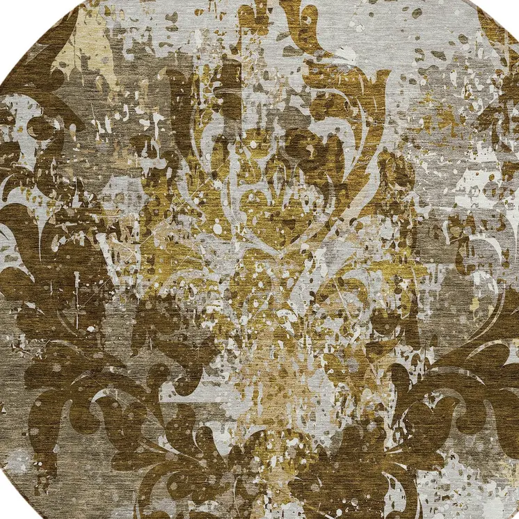 8' Brown Green And Ivory Round Damask Washable Indoor Outdoor Area Rug