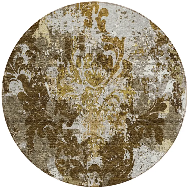 8' Brown Green And Ivory Round Damask Washable Indoor Outdoor Area Rug