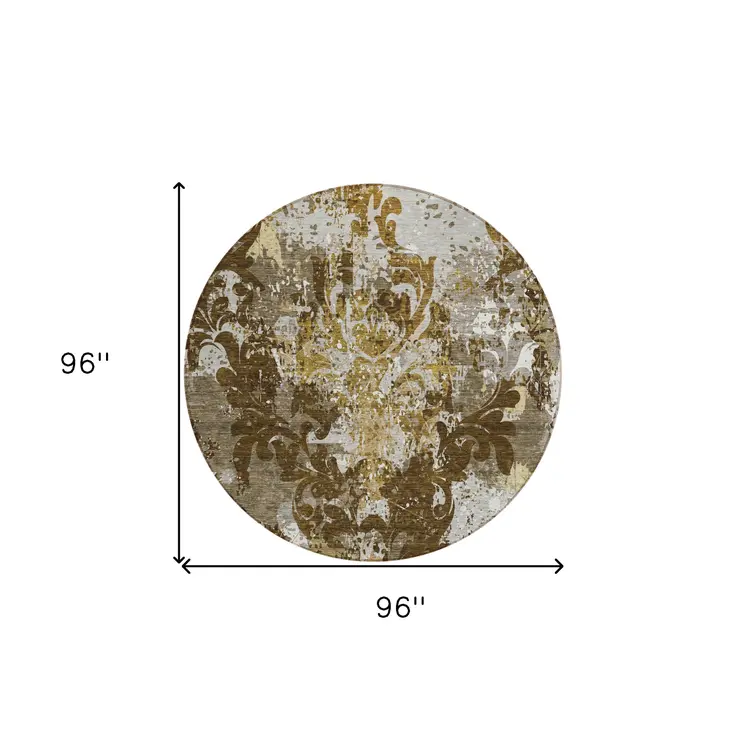 8' Brown Green And Ivory Round Damask Washable Indoor Outdoor Area Rug