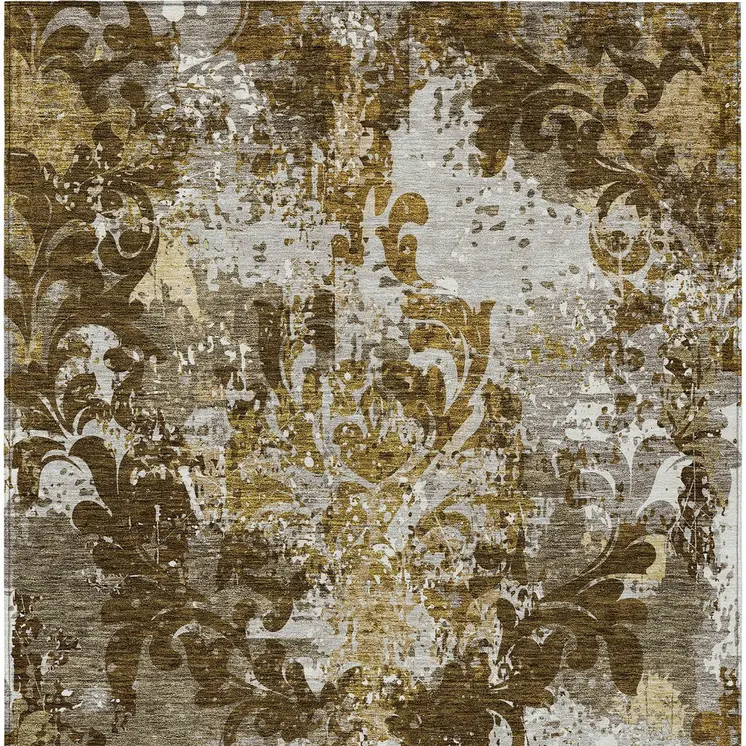 8' X 10' Brown Green And Ivory Damask Washable Indoor Outdoor Area Rug