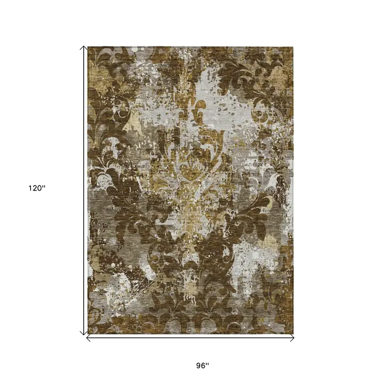 8' X 10' Brown Green And Ivory Damask Washable Indoor Outdoor Area Rug