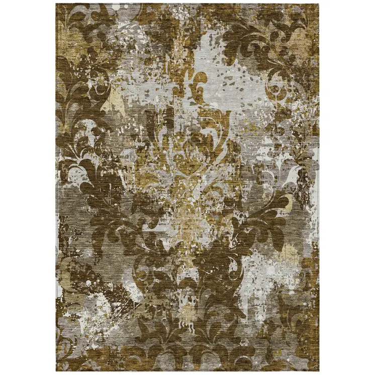 8' X 10' Brown Green And Ivory Damask Washable Indoor Outdoor Area Rug