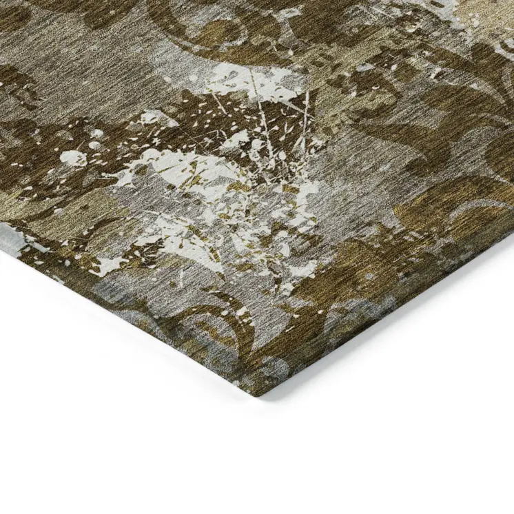 8' X 10' Brown Green And Ivory Damask Washable Indoor Outdoor Area Rug