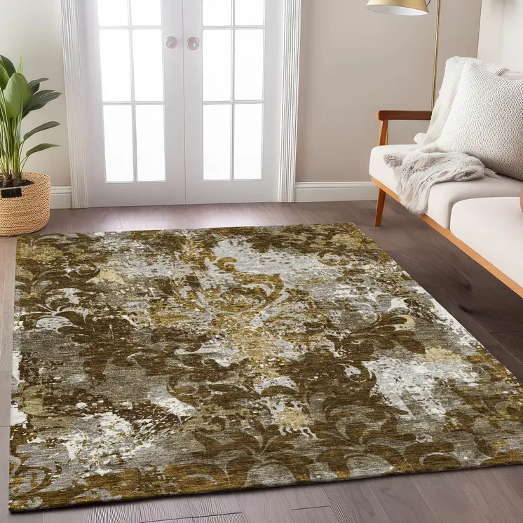 8' X 10' Brown Green And Ivory Damask Washable Indoor Outdoor Area Rug