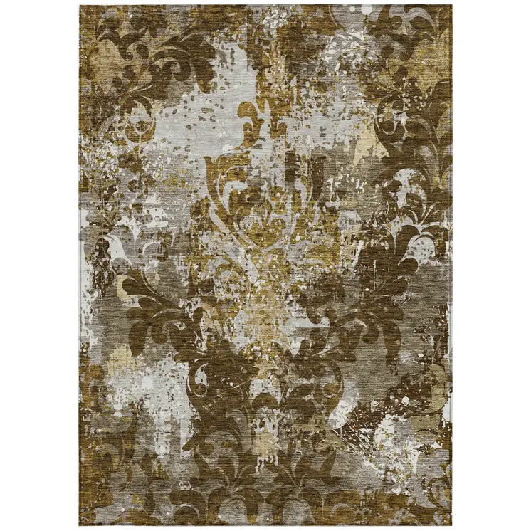 9' X 12' Brown Green And Ivory Damask Washable Indoor Outdoor Area Rug