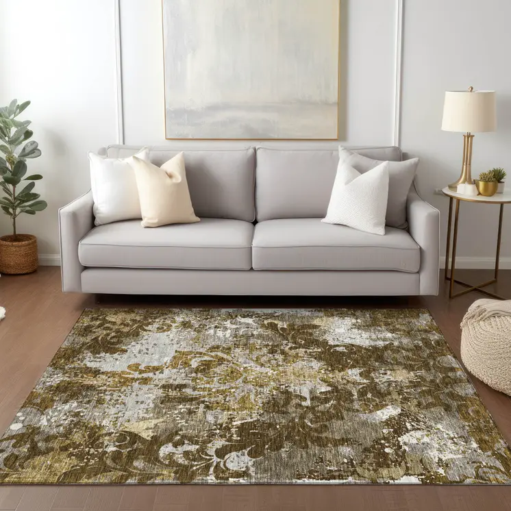 9' X 12' Brown Green And Ivory Damask Washable Indoor Outdoor Area Rug