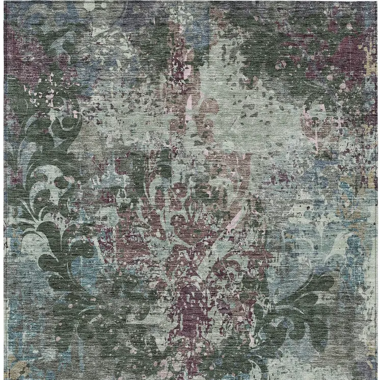 5' X 8' Fern Green And Purple Damask Washable Indoor Outdoor Area Rug