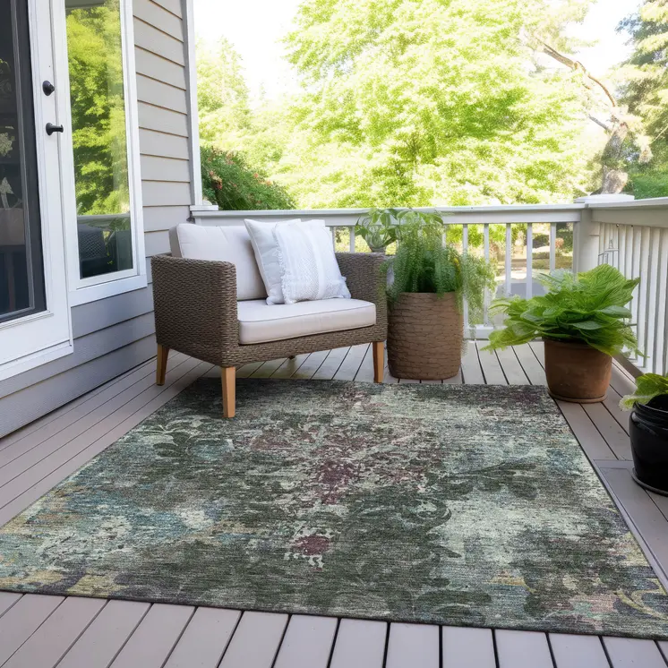 5' X 8' Fern Green And Purple Damask Washable Indoor Outdoor Area Rug