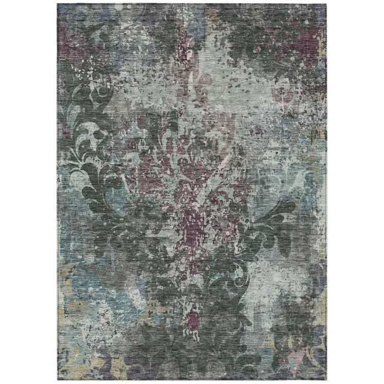 5' X 8' Fern Green And Purple Damask Washable Indoor Outdoor Area Rug