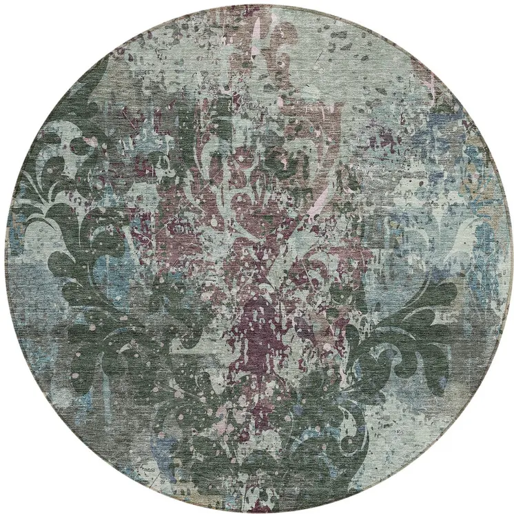 8' Fern Green And Purple Round Damask Washable Indoor Outdoor Area Rug