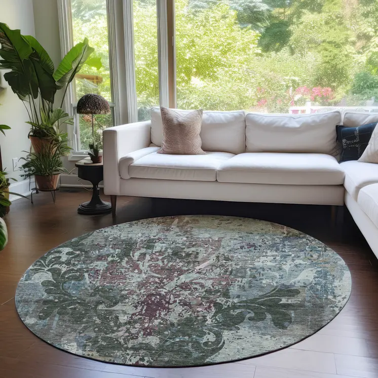 8' Fern Green And Purple Round Damask Washable Indoor Outdoor Area Rug