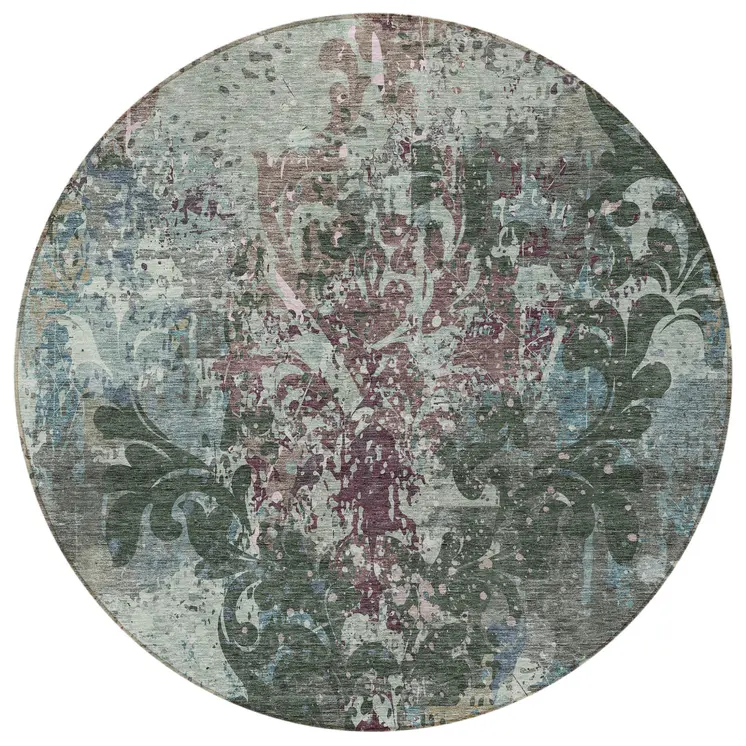 8' Fern Green And Purple Round Damask Washable Indoor Outdoor Area Rug
