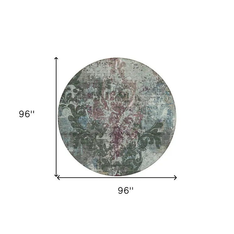 8' Fern Green And Purple Round Damask Washable Indoor Outdoor Area Rug