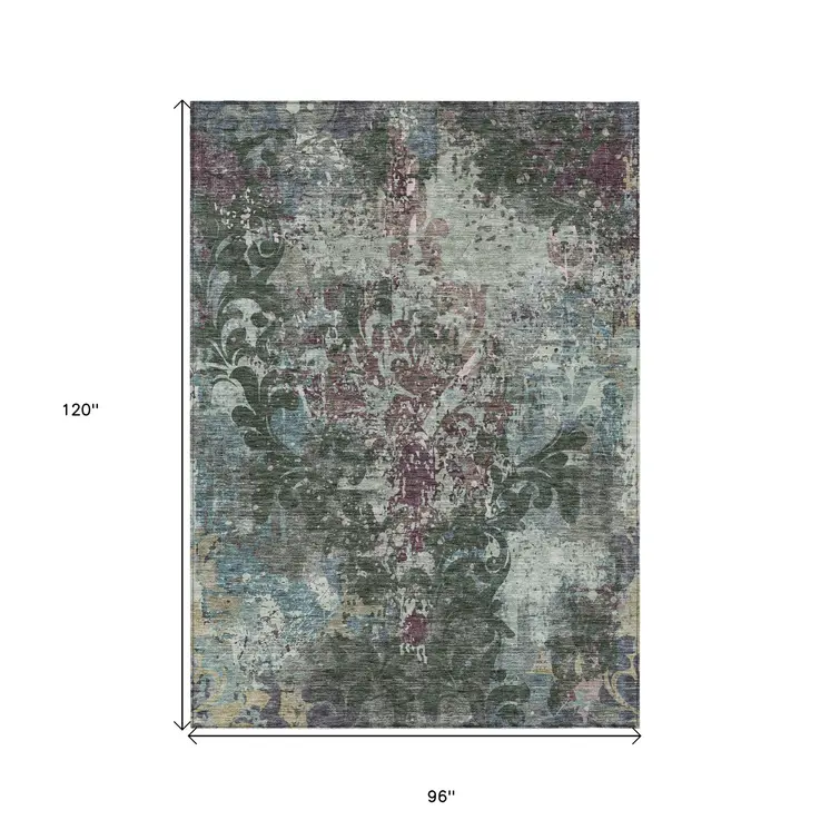 8' X 10' Fern Green And Purple Damask Washable Indoor Outdoor Area Rug