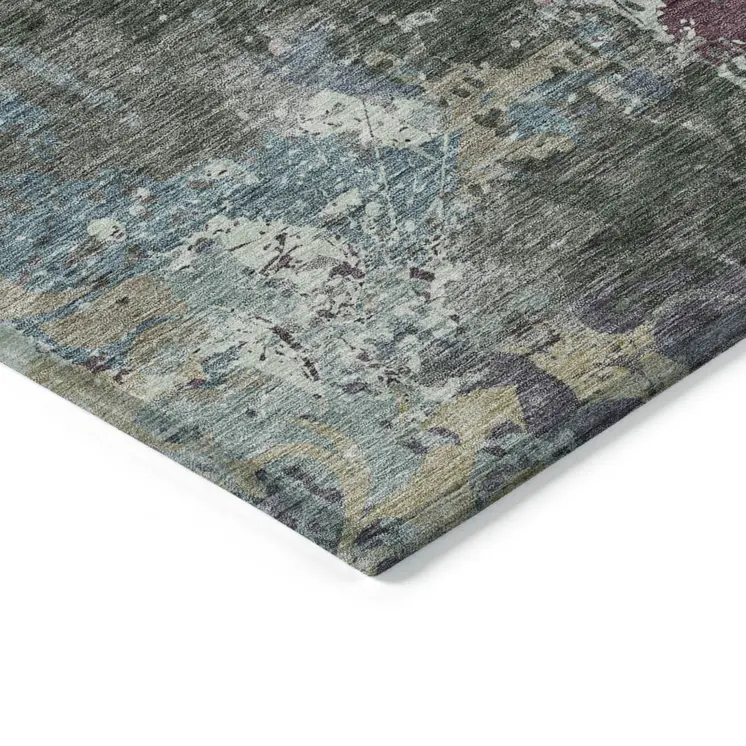 8' X 10' Fern Green And Purple Damask Washable Indoor Outdoor Area Rug