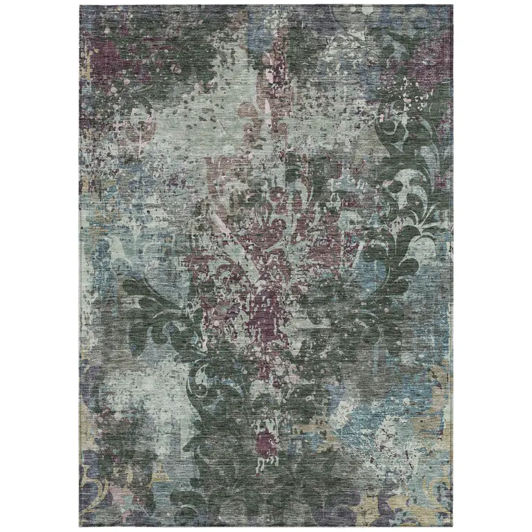 8' X 10' Fern Green And Purple Damask Washable Indoor Outdoor Area Rug
