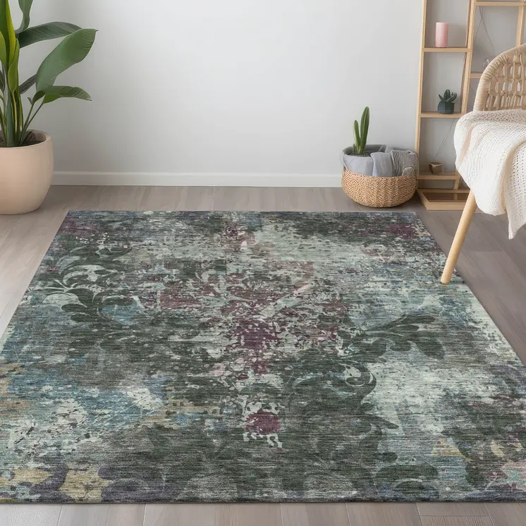 8' X 10' Fern Green And Purple Damask Washable Indoor Outdoor Area Rug