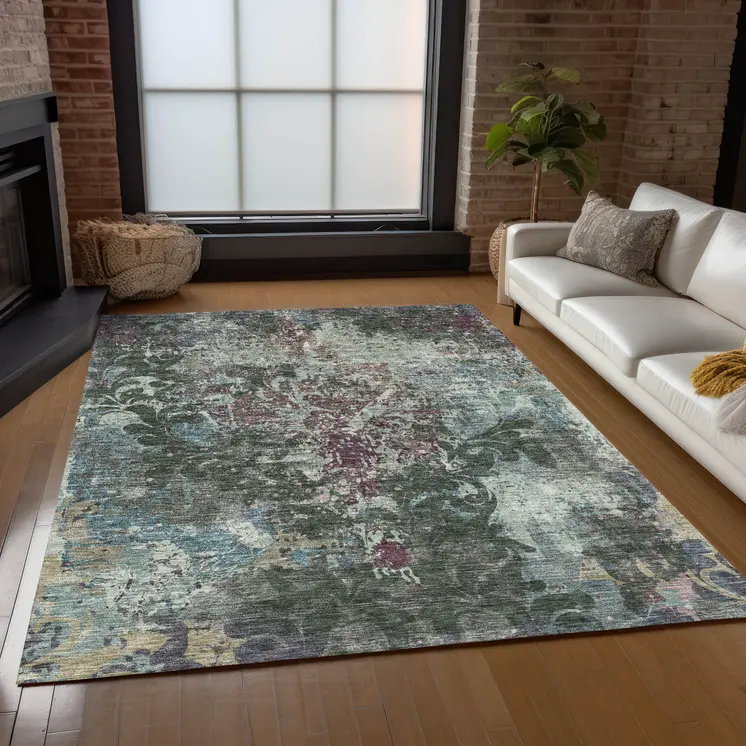 8' X 10' Fern Green And Purple Damask Washable Indoor Outdoor Area Rug